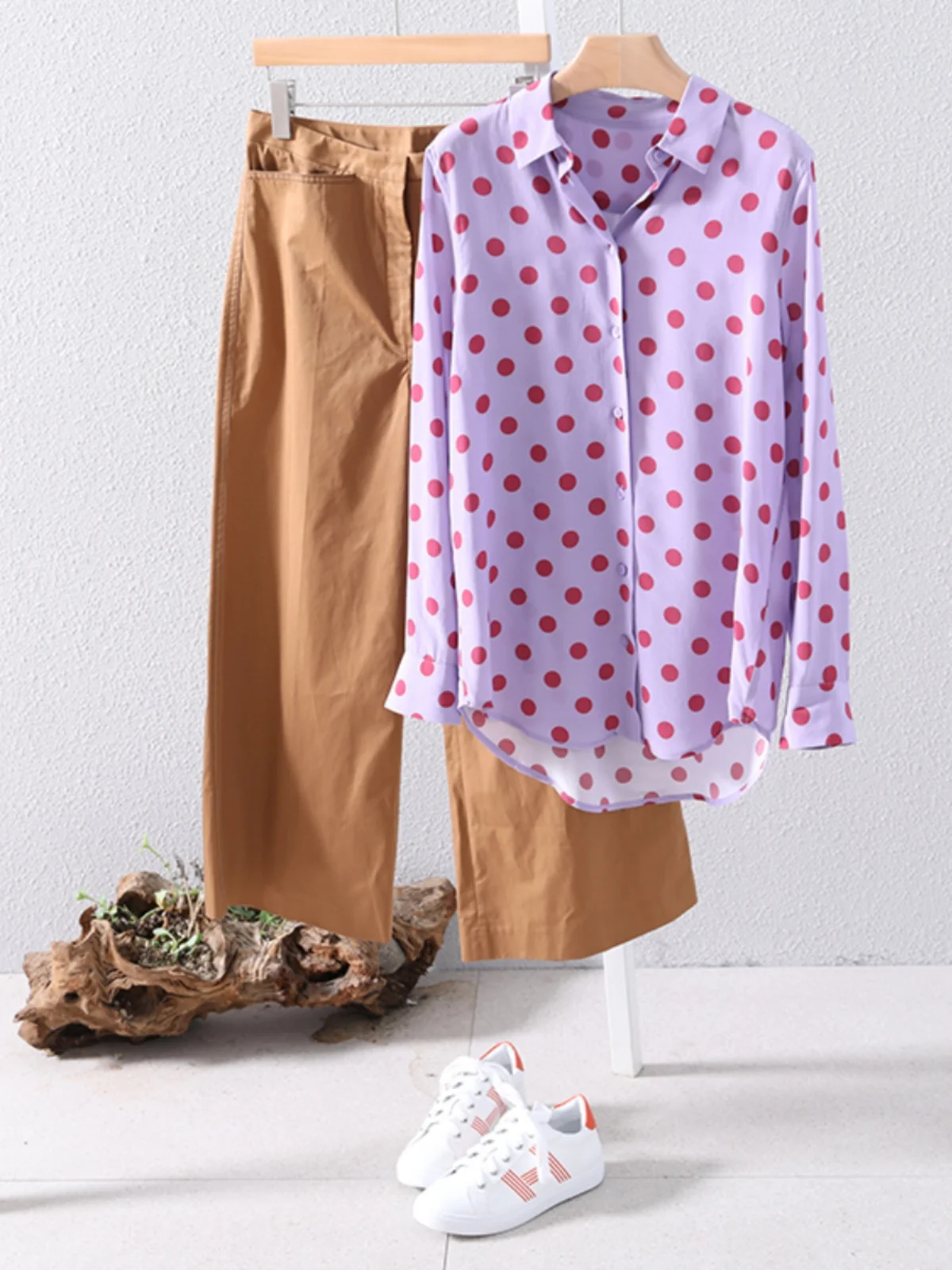 

Spring Autumn 2024 Polka Dot Print Long Sve Collar Women's irt Korean Sle Loose Fit Button Detail Polyester Blend
