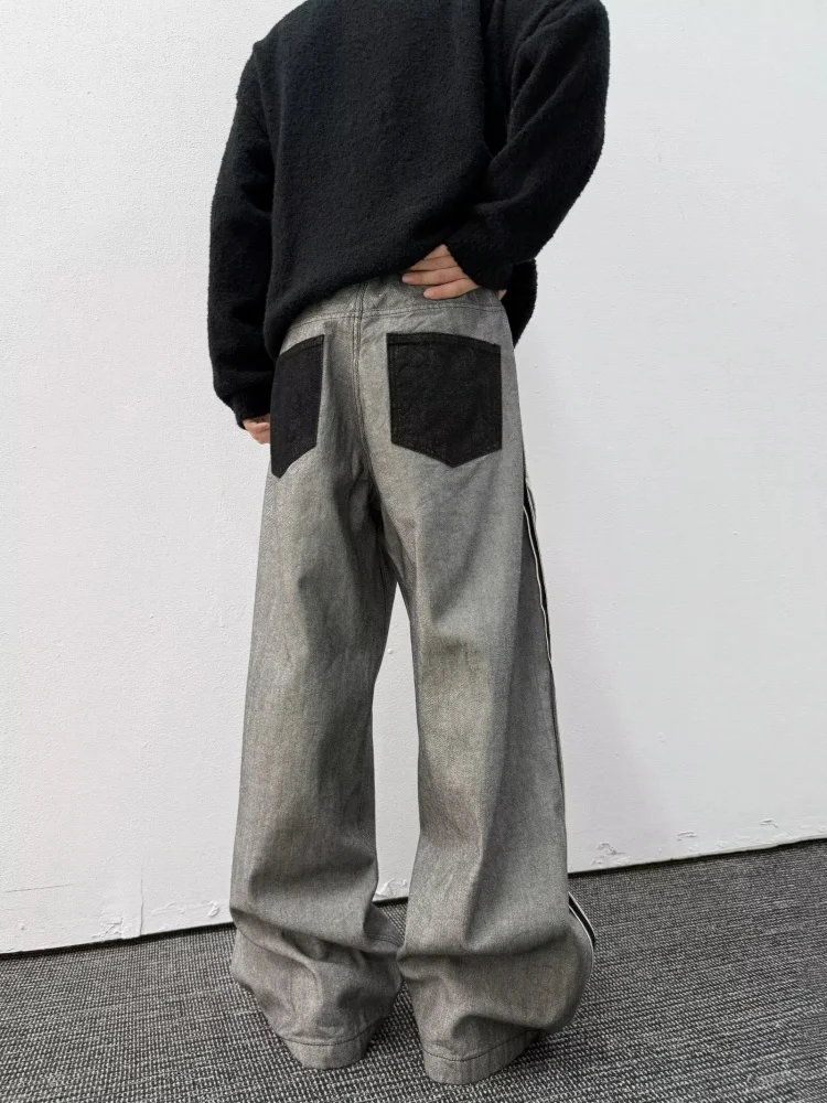 2025 Cyber Y2K Style Pocket Printed Patchwork Vintage Grey Baggy New Jeans Pants For Men Clothing Wide Leg Cotton Long Trousers