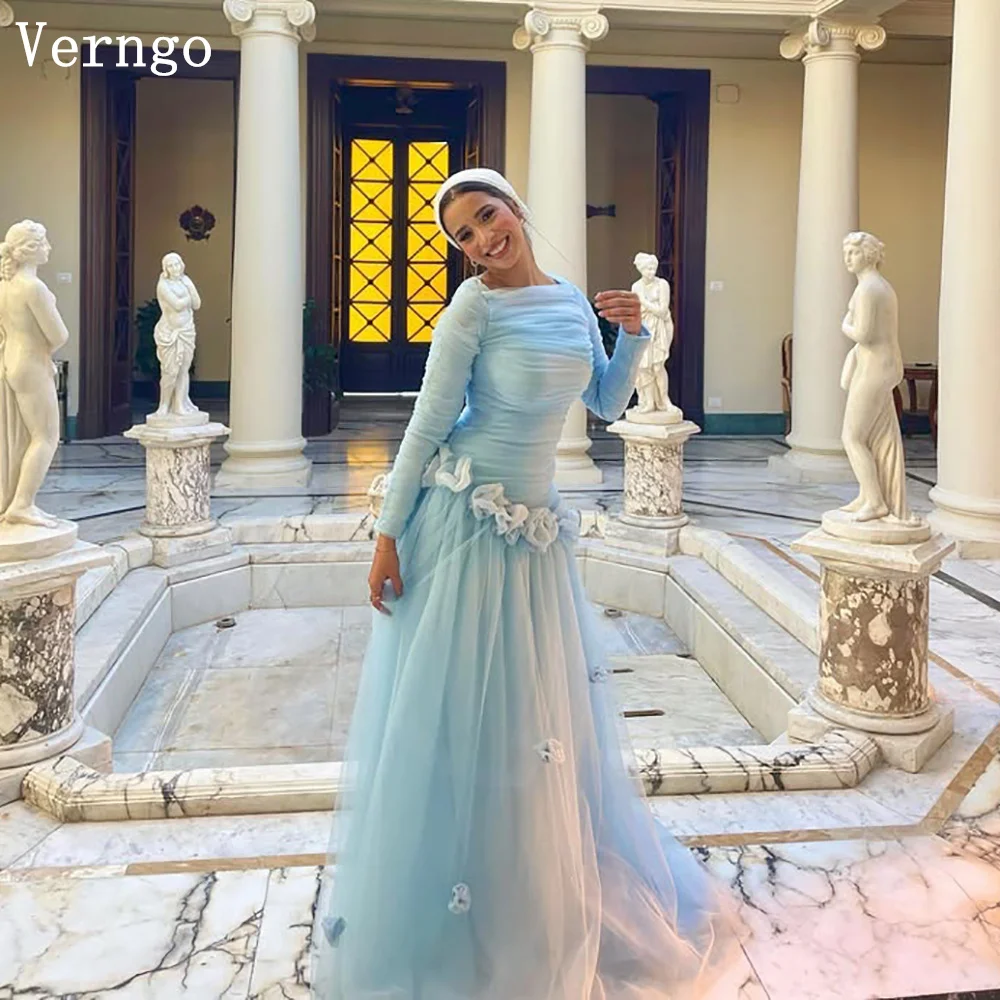 

Verngo синее тюлевое вечернее платье с высоким воротом и длинными рукавами, торжественное платье с цветами, платье для выпускного вечера в Саудовской Аравии по индивидуальному заказу