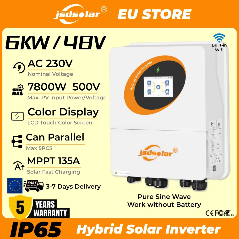 Jsdsolar 6KW 48V On/Off Grid IP65 Hybrid Solar Inverter Raffreddamento intelligente Parallelo Dual MPPT 135A 230VAC WiFi integrato PV 500V 7800W