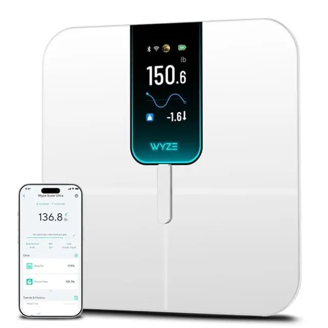 

Smart Scale with 4.3" Color Display, Tracks Weight BMI Muscle Mass Heart Rate, Wi-Fi Bluetooth, Baby Pet Luggage Mode, 400lbs