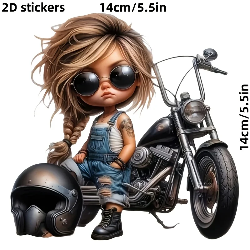 Cute Q Version Biker Girl 2D Vinyl Sticker, Tattoo Design Decal with Helmet for Car & Laptop, Ideal Gift for Motorcycle Lovers