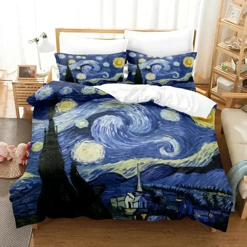 Starry Night Van Gogh Duvet Cover Set Queen Size,Oil Painting Famous Modern Classic Sky Star Art,Decorative 3D Bedding Set