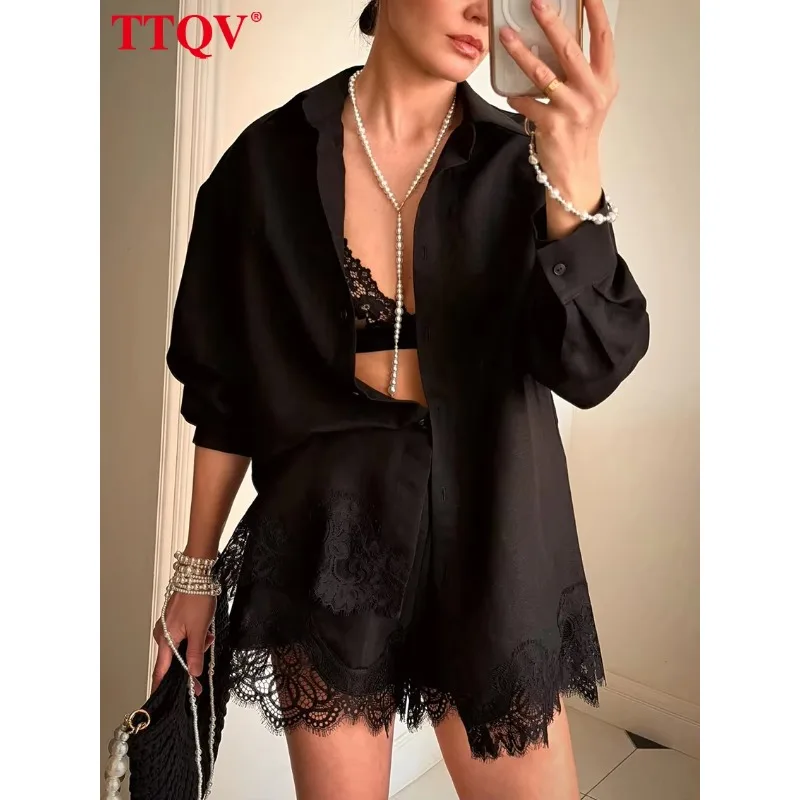 Elara European and American Summer New Seaside Vacation Style Shirt Paired with High Waisted Lace Shorts 2-piece Set for Women