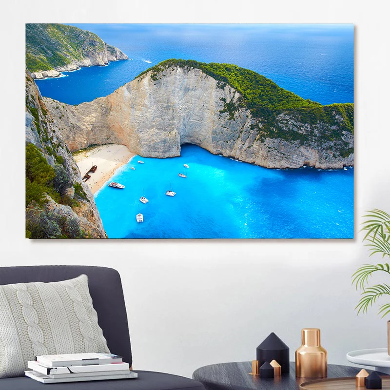 Zakynthos Island Greece Landscape Canvas Painting Navagio Beach Seascape Ocean Posters and Prints Wall Art Wall Decor Cuadros