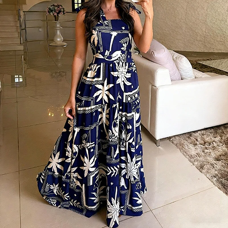 

Women Long Dress Sling Dresses A Line Vestidos Print Y2k Streetwear Elegant Splice Party Night Work Sleeveless High Waist Beach