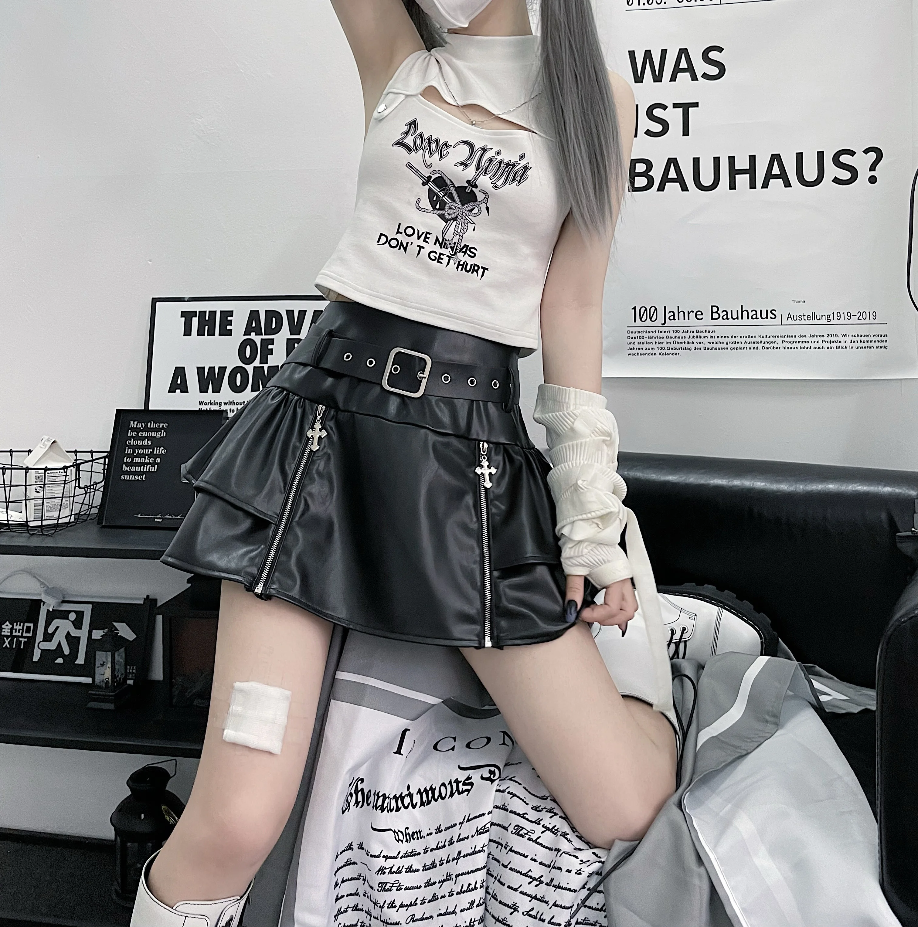 Ruibbit Original Short A-line Women PU Leather Skirt New Autumn Spice Girls Cross Metal Zipper Subculture Gothic Mini Skirts