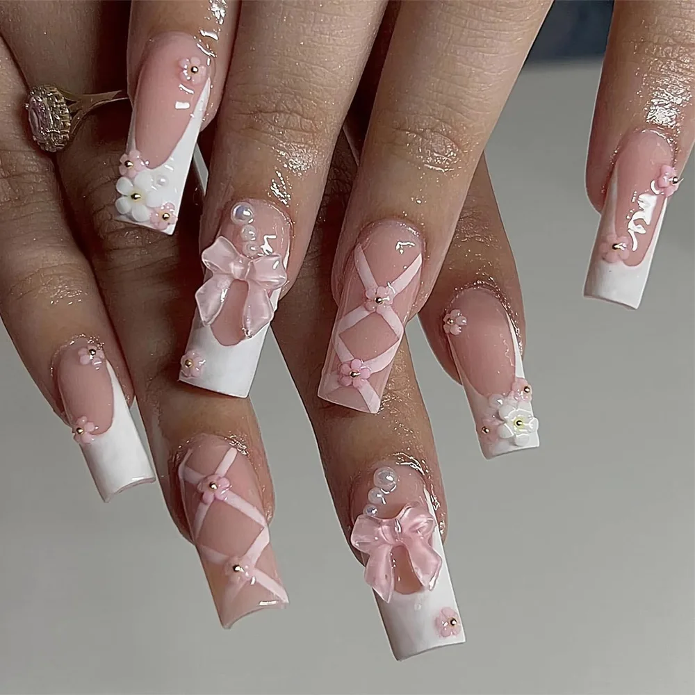 24Pcs fake nail art, pink bow wearing nail art, heart-shaped French wearing nail art, three-dimensional flower nail stickers, anniversary gift, perfect gift for women, birthday gift