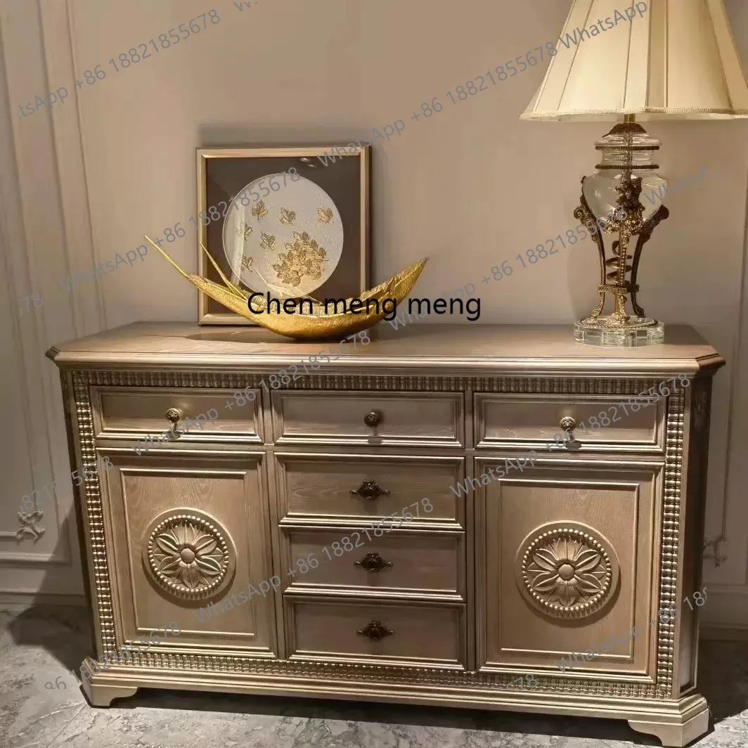 

American art Zhuyuan dining side cabinet solid wood carving flower retro old living room locker entrance storage chest