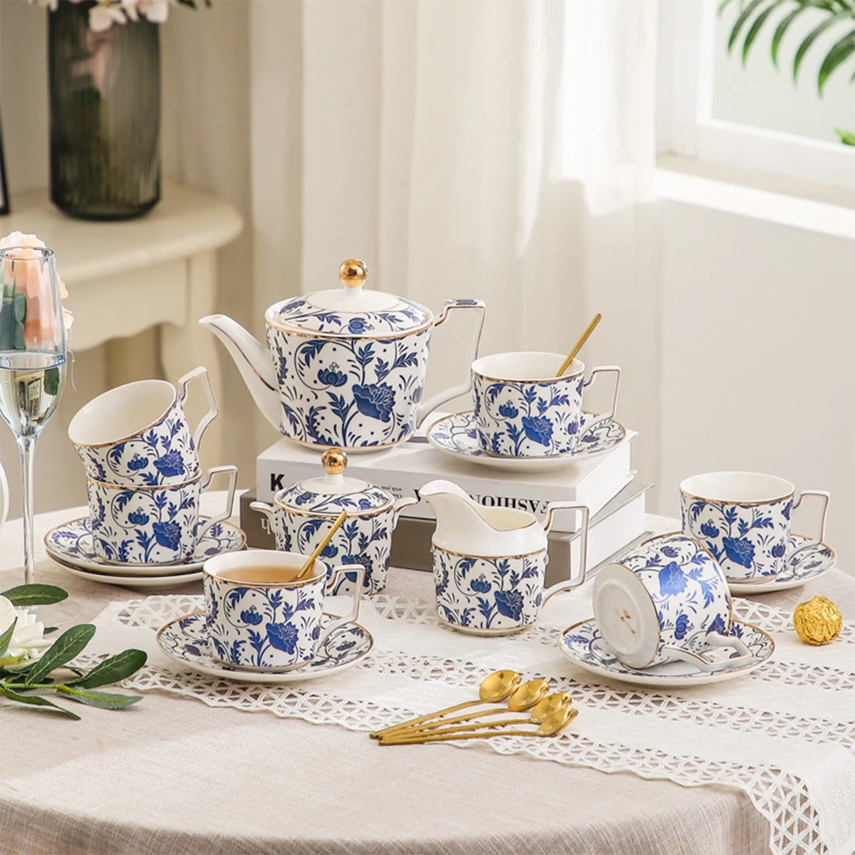 

Adult 4/6 Person Tea Set - Blue Tea Cup Set, Ladies' Tea Party Tea Set, Exquisite Bone China, Vintage English Porcelain Afternoon Tea Set, Luxury Gift