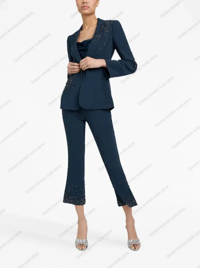 Damespak Set 2 Stuks Blazer + Flare Cropped Broek Blauwe Kralen Formele Kantoor Dame Moeder Gast Jas Prom Dress Op Maat Gemaakt