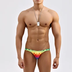 sexy color grid geometry men swimsuits swim trunk narrow side super low waist tight men swimwear bikinis swim briefs samll size