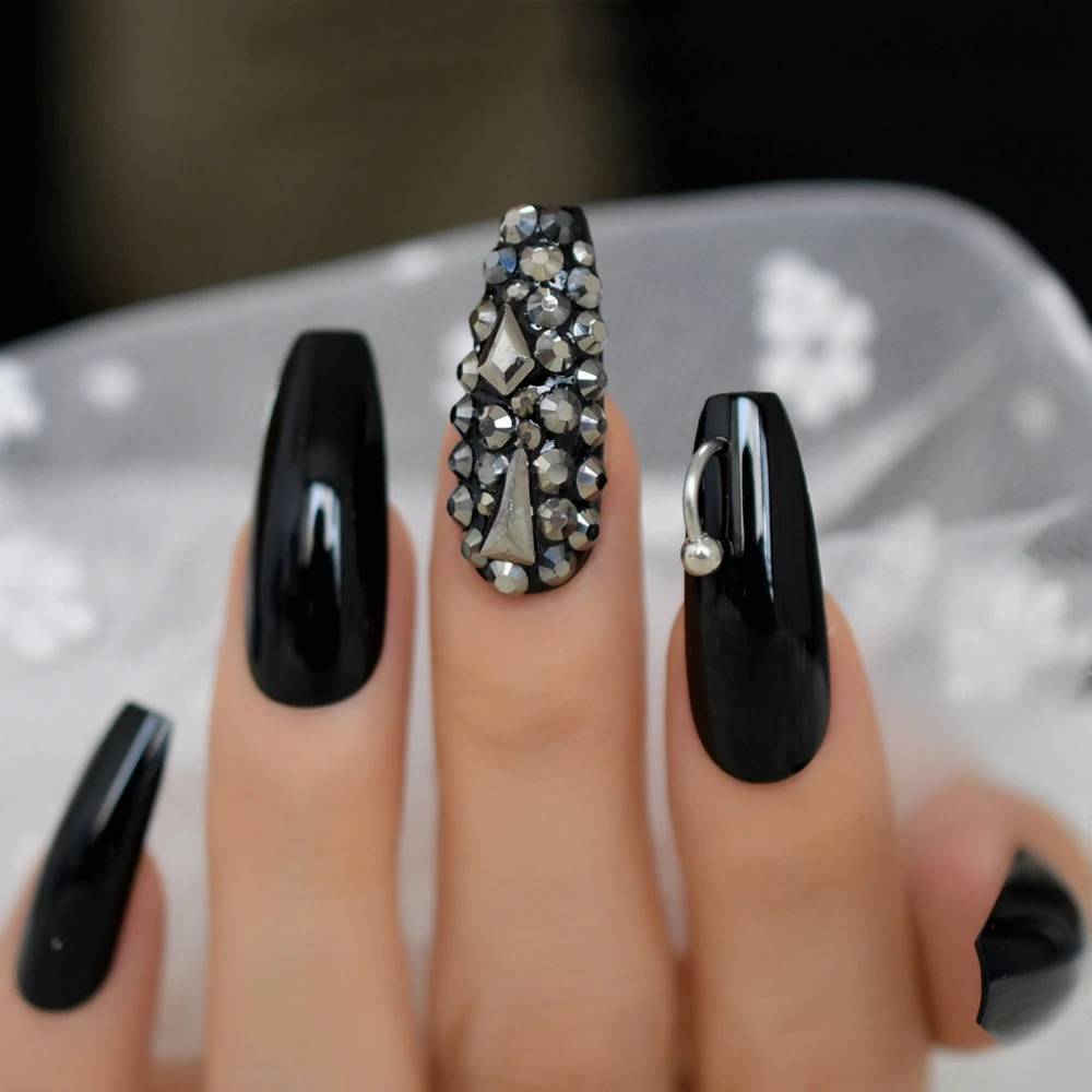 أحجار الراين الفضية الداكنة الأظافر المزيفة أحذية الحصان المعدنية مصممة ABS راقصة الباليه الاصطناعية مسمار الفن نصائح اضافية طويلة نعش أظافر سوداء #4