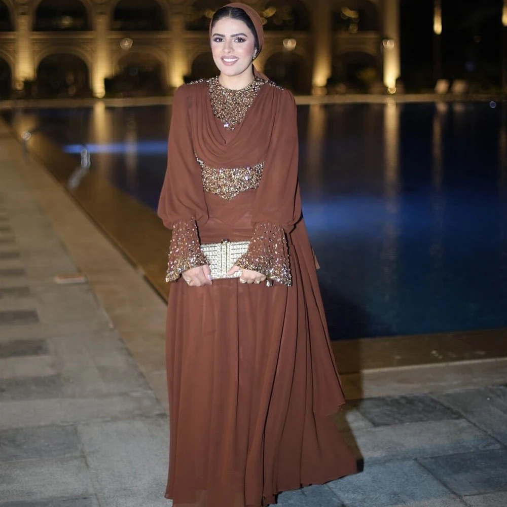 

Коричневое шифоновое мусульманское вечернее платье, роскошное драпированное шифоновое платье с бисером для свадебных гостей, вечернее платье по индивидуальному заказу