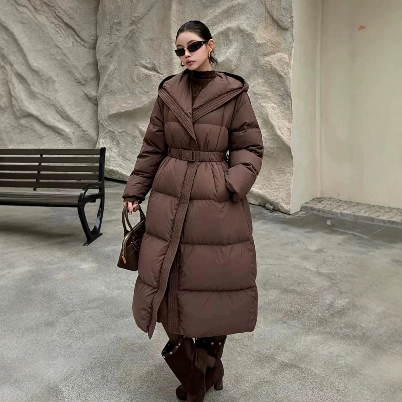 Winter Waterproof Parker Knee Length Down Jacket Female High-end Hooded Long Down Jacket Women White Duck Down with Belt Outwear