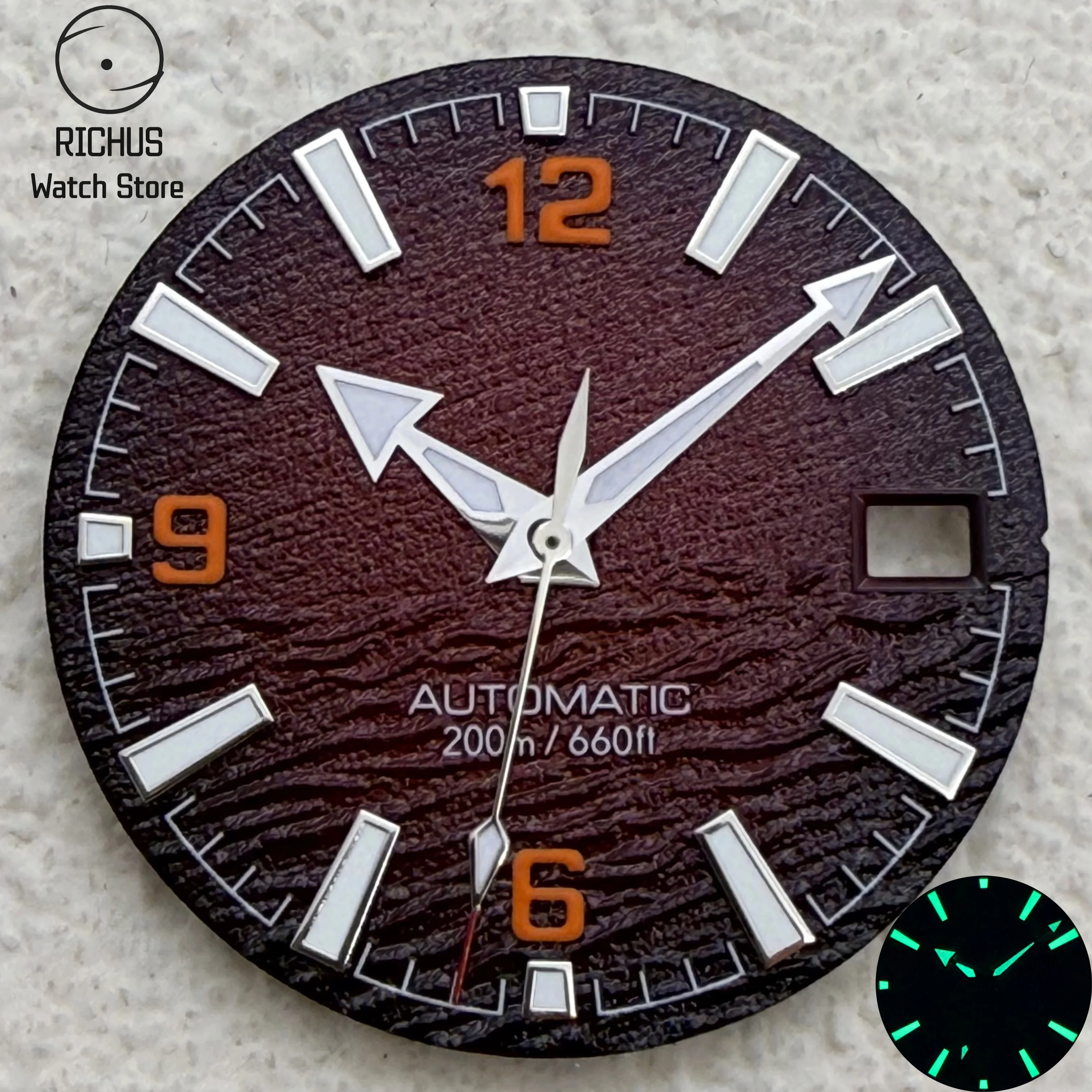 28.5mm Textured Diving Watch Dial with Hands Green Luminous 3/3.8 O'Clock Crown Fit NH34 NH35 Automatic Movement Mod Parts