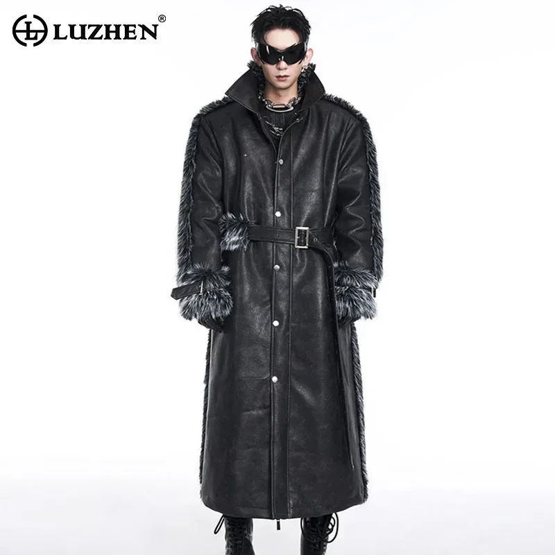 LUZHEN Luxury Warm Long Leather Windbreaker Patchwork Faux Fur High End Personalized Temperament Men Trench Coats 2024 LZ7321