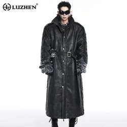 LUZHEN Luxury Warm Long Leather Windbreaker Patchwork Faux Fur High End Personalized Temperament Men Trench Coats 2024 LZ7321