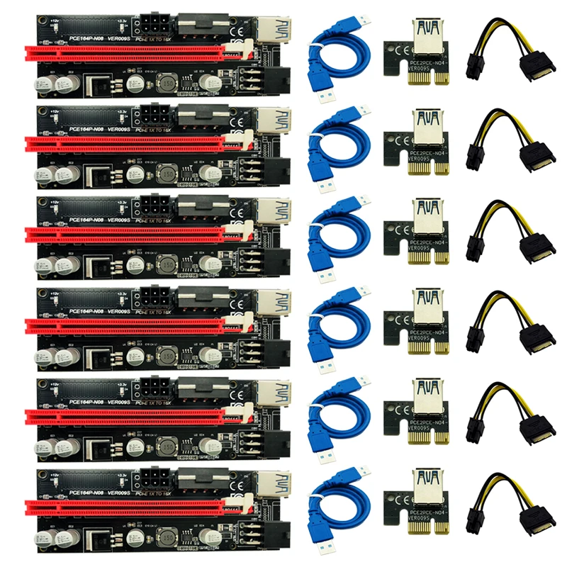 6pcs Newest VER009 USB 3.0 PCI-E Riser VER 009S Express 1X 4x 8x 16x Extender Riser Adapter Card SATA 15pin to 6 pin Power Cable