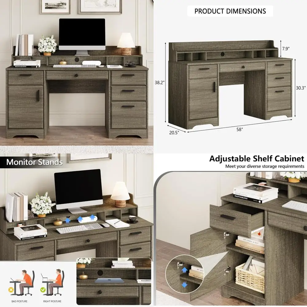 Rustic Executive Computer Desk with Storage and Adjustable Shelves for Modern Office Space