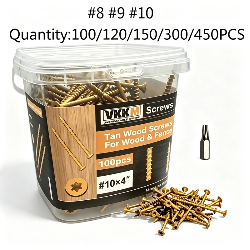 VKKM Yellow Deck Wood Screw, Outdoor Rust-Proof Screw, Comes with T25 Drill Bit, Suitable for Outdoor Wooden Buildings Such As Decks, Fences, Terraces, # 8 # 9 # 10 100/120/150/300/450pcs