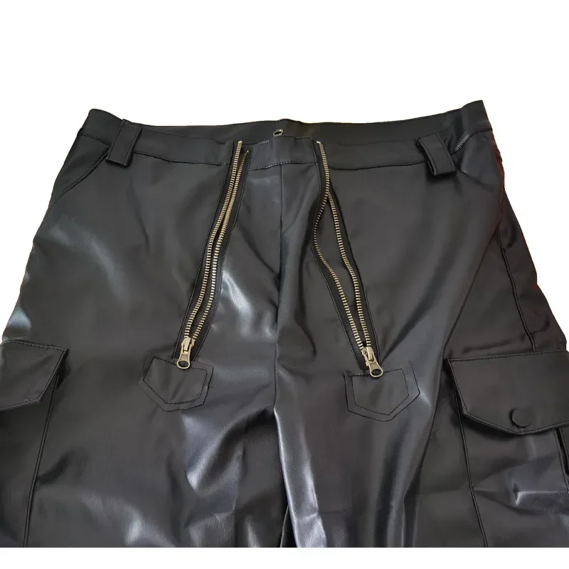 Calça punk masculina de couro PU, bolso grande, zíper duplo, decoração, casual, sexy, monocromática, novo, 2023