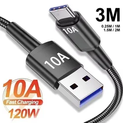 3M/0.25M/1M/1.5M/2M 120W 10A USB Type C Cable Super Fast Charging Cable for Huawei Xiaomi POCO Redmi Type-C Data Braided Cord