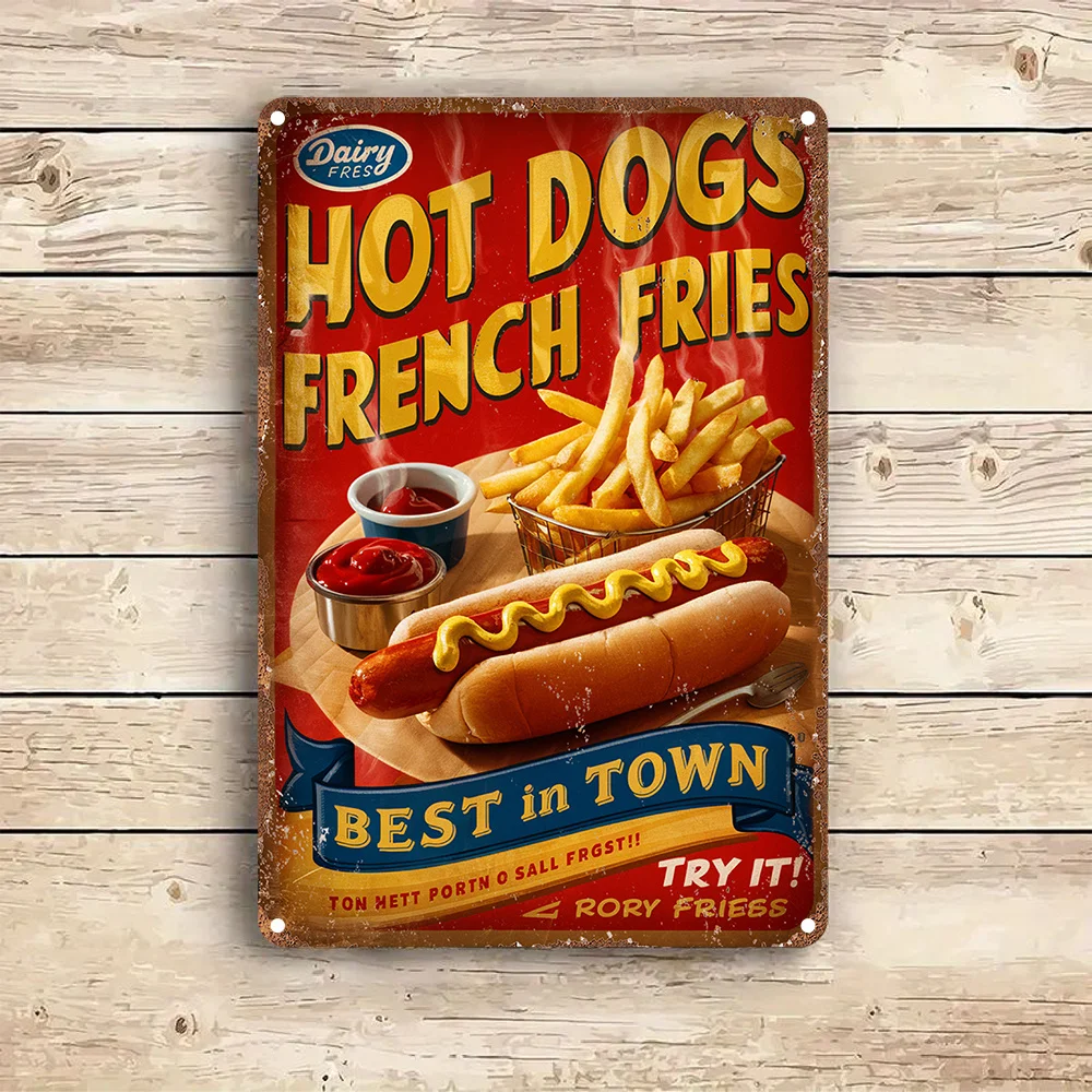 Hot Dog and Fries Advertising Metal Sign - Nostalgic Restaurant Wall Art Decor, Aluminum Foil Engraved Snack Stand Decoration