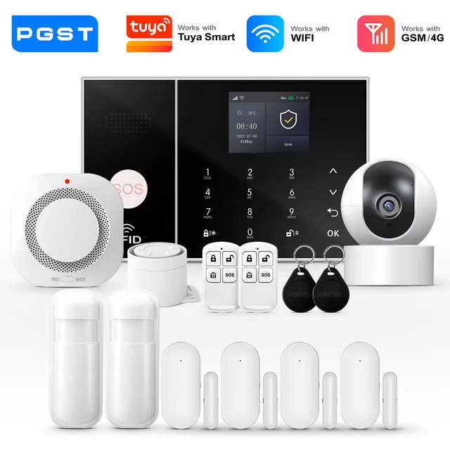 PGST zestaw bezpieczeństwa alarm antywłamaniowy WiFi 4G 2G GSM Works with Tuya Smart Life inteligentny system bezprzewodowy do domu sklepu biura czujniki ruchu łatwa konfiguracja całodobowa ochrona