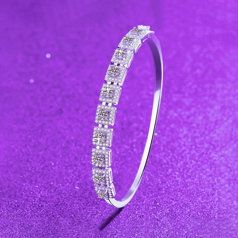 

S925 Silver White Gold Plated 2.2CT D Color Moissanite Full Row Square Continuous Bangle for Women, Exquisite Jewelry.