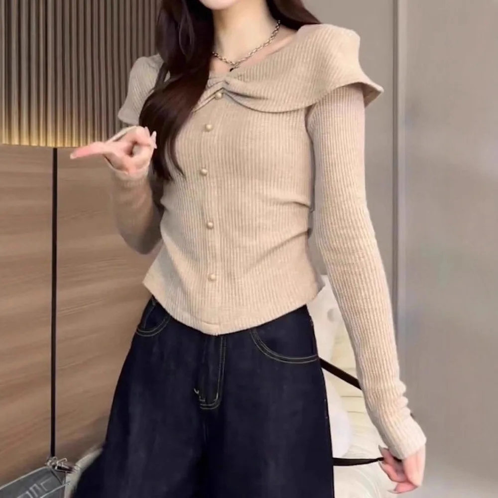 

Pleated Ruffle Edge Long-sleeved T-shirt Women's Spring New Knitted Top