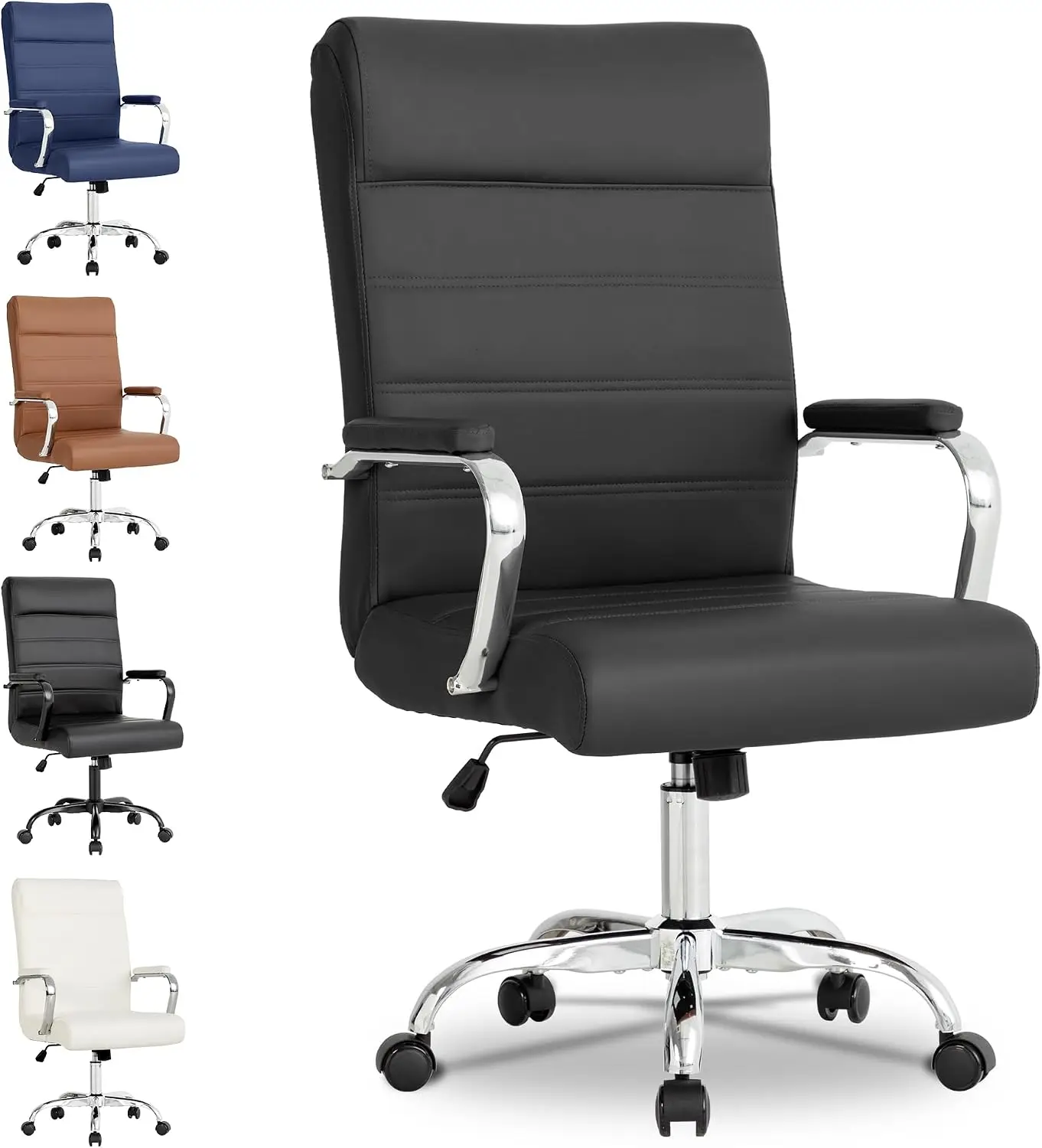 Ergonomic High Back Swivel Executive Chair, Contemporary Leather Conference Room Chair with Padded Seat and Armrests, Black