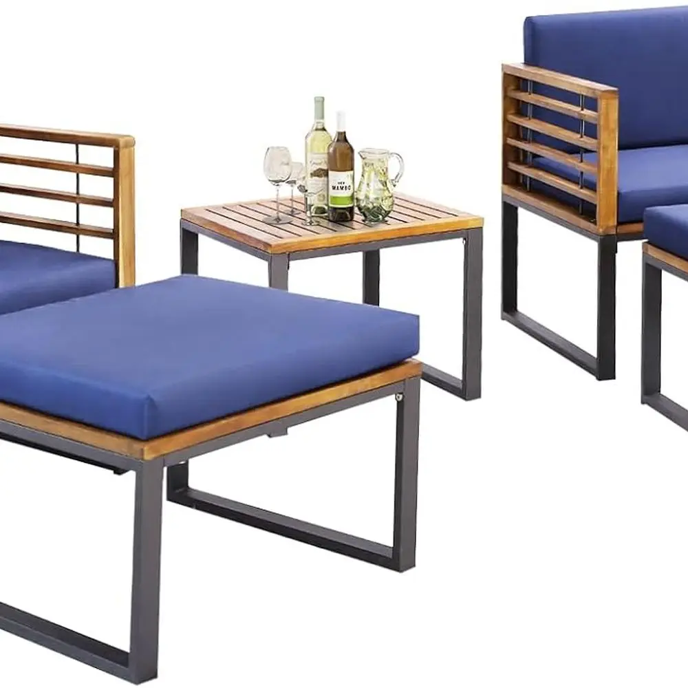 Acacia Wood Patio Furniture Set with Ottomans, Cushioned Seats, and Coffee Table for Outdoor Living