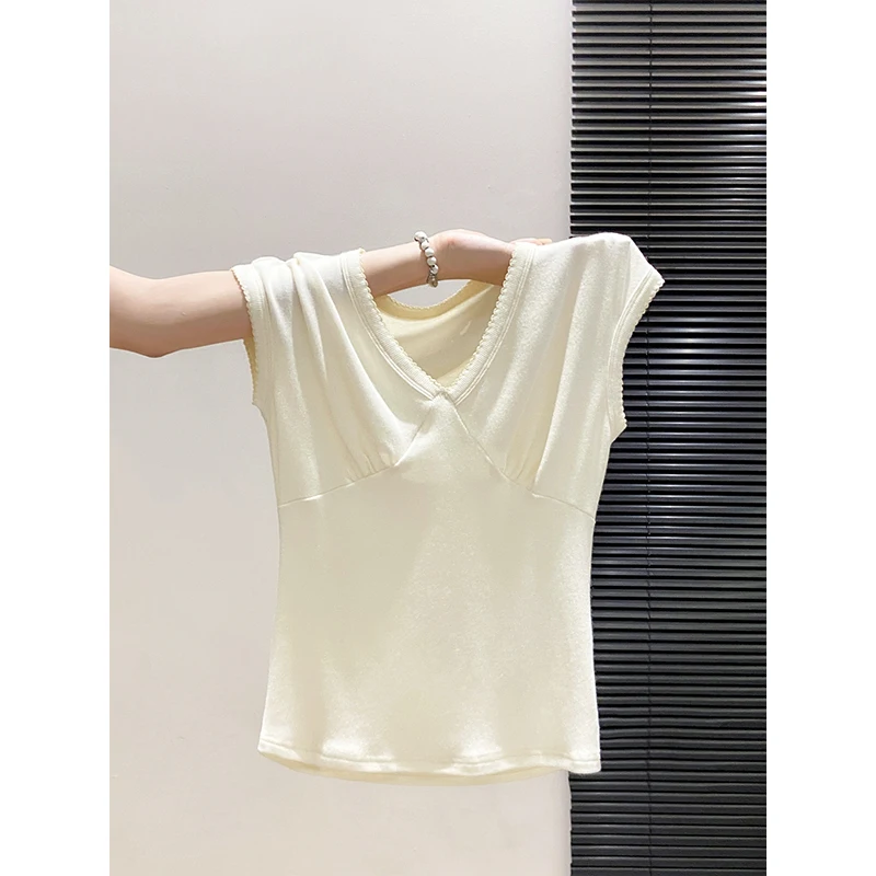 Pure Color V-neck Short-sleeved T-shirt Female Summer New Style Pleated Slim Waist Show Slim  Easy to Match Pure Desire  Top