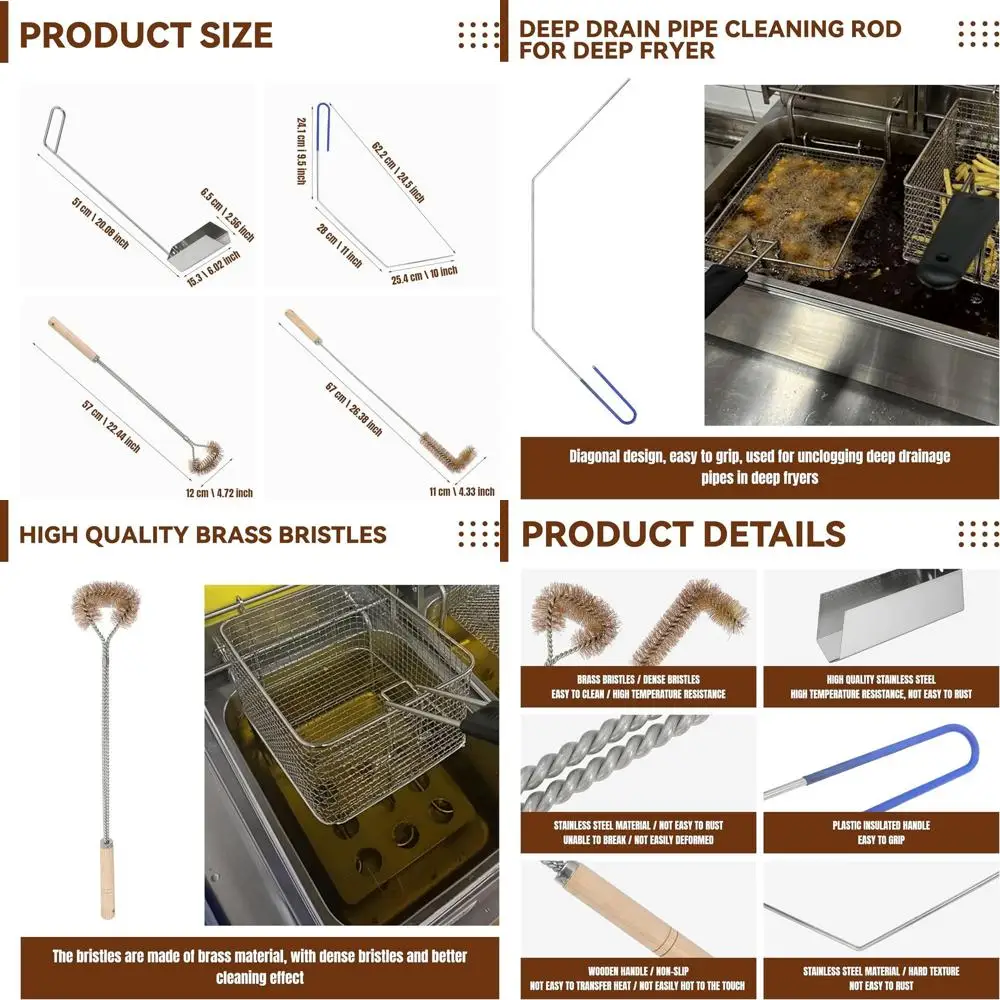

4-Piece Deep Fryer Cleaning Set: Brass L-Shaped Brush, Crumb Scoop, Cleanout Rod, Long Handle Basket Brush