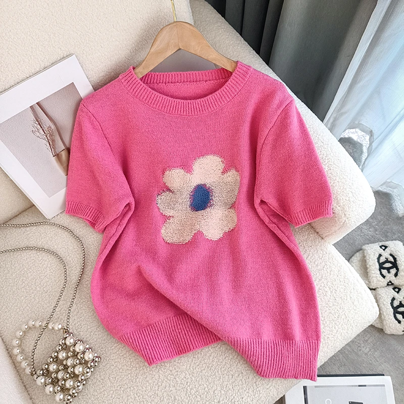 Floral Knitted Tshirt Tops Women\'s Sweater Pullover 2023 Summer Casual Fashion Elegant Ladies Tees Knitwear Short Sleeve Jumpers