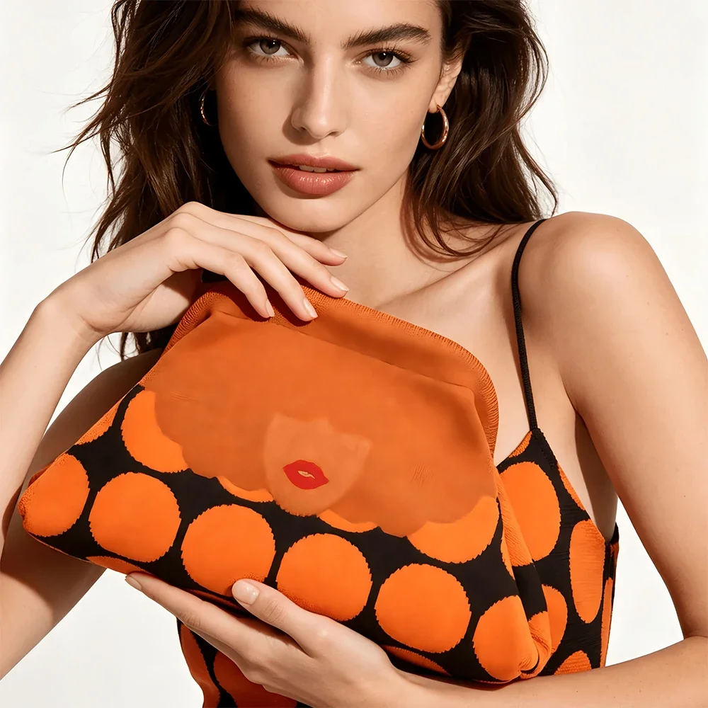 Damen Retro Lippen-Print Strick-Clutch, Orange-Schwarze Vintage-Handtasche für Casual- und Abendpartys, Lippenstift-Make-up-Tasche – Detail 2