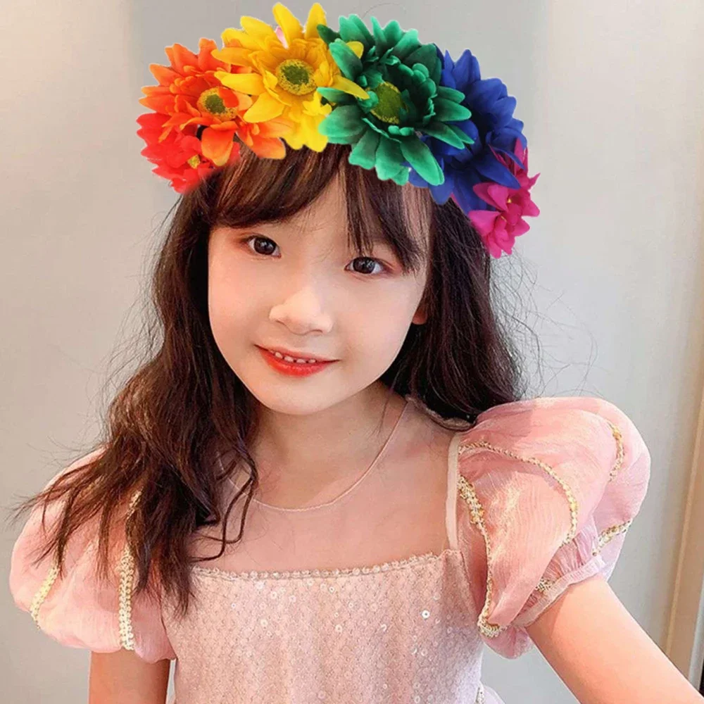 Strand Sonnenblume elastisches Haarband Böhmen Mode Haarband handgemachte Kunstblume Frauen Kranz Regenbogen Farbe romantisches Stirnband – Detail 4