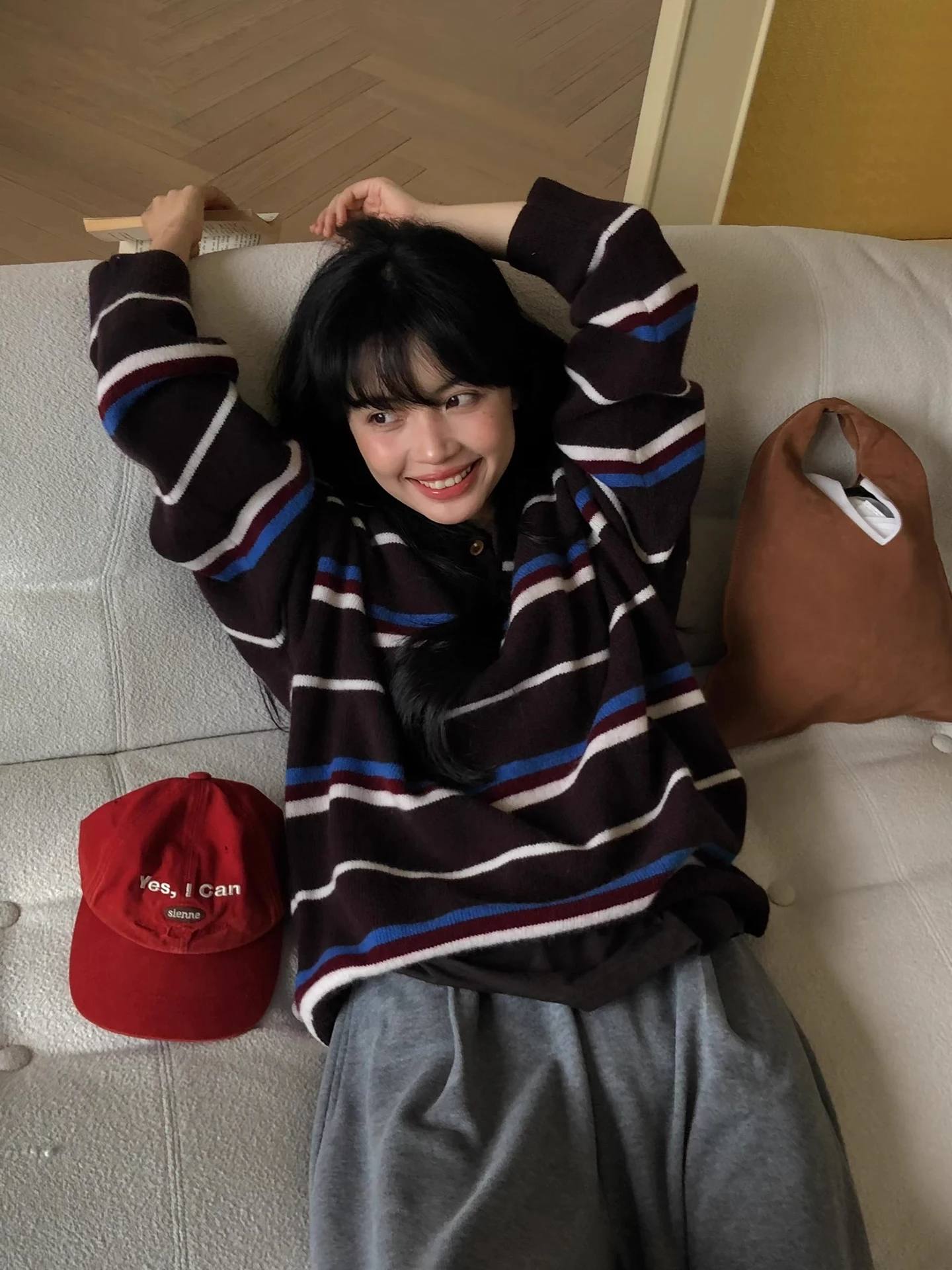 

Autumn 2025 Women's Casual Long Sve Ne Striped Knitwear Loose Lazy Sle Polyester Fiber 00% Vintage Sweater