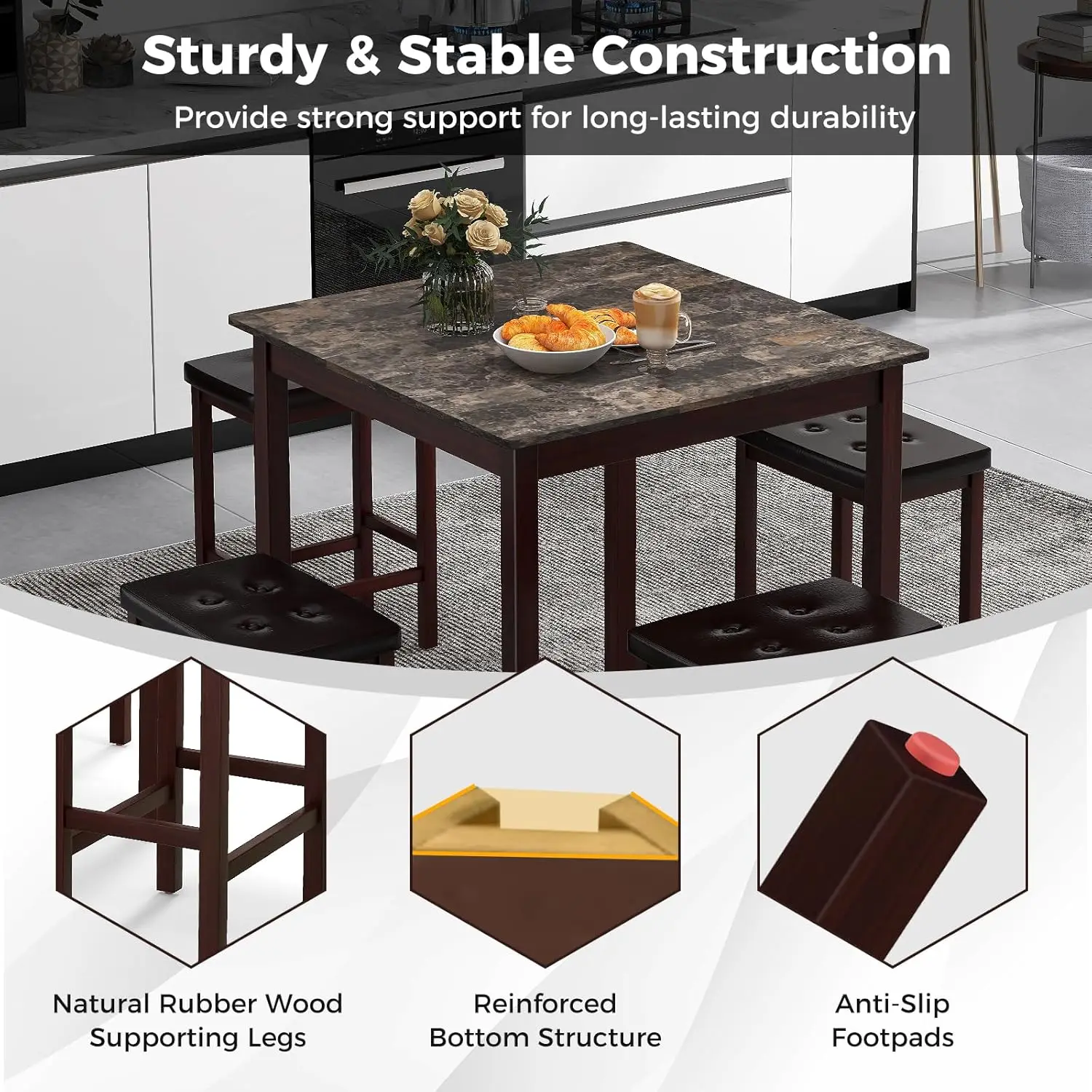 Counter Height Dining Set for 4, Brown Kitchen Table with 4 Bar Stools, Space-Saving Breakfast Nook Set