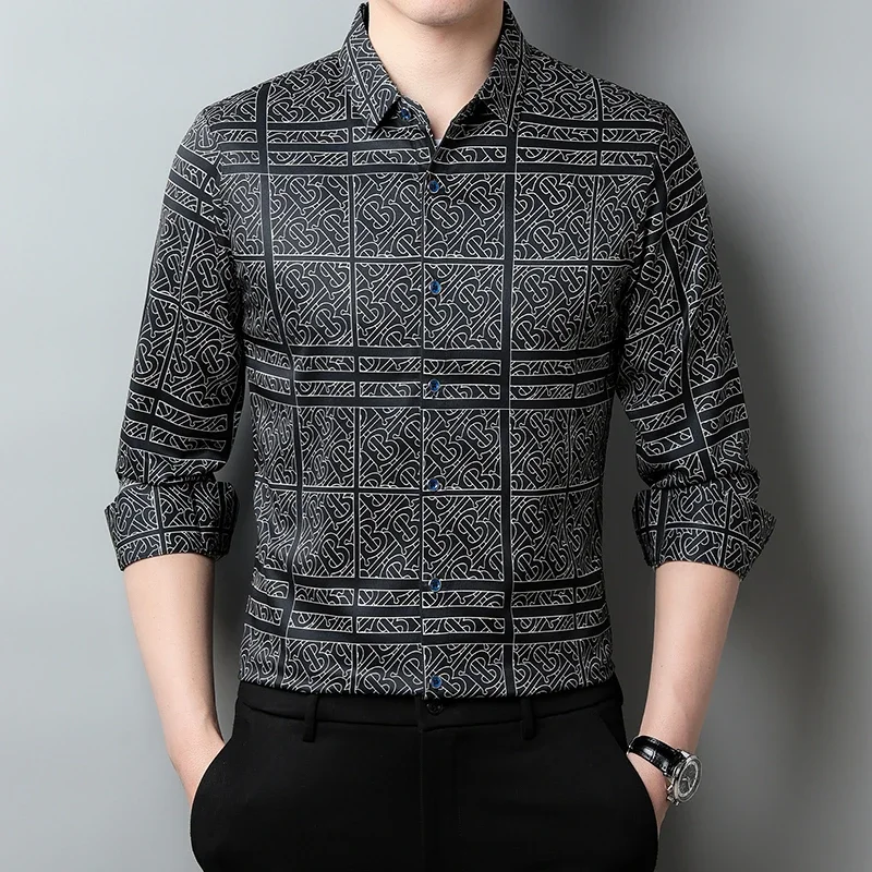 New Men\'s Casual Printed Long Sleeved Lapel Shirt for Spring and Autumn Fashion Comfortable Wrinkle Free Top Without Ironing