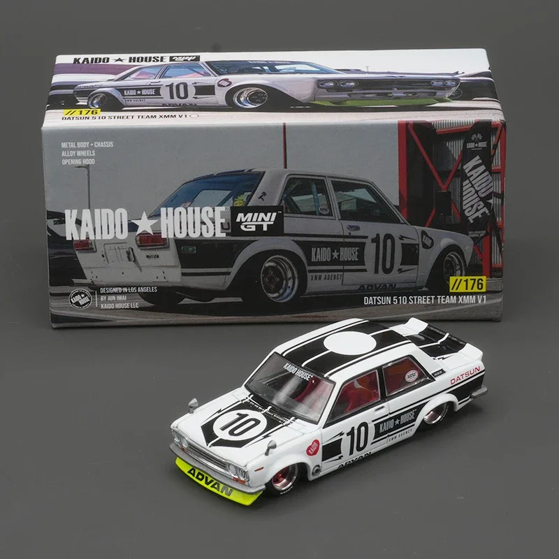 

MINIGT KHMG In Stock 176 1:64 DATSUN 510 Street Team XMM V1 White Openable Hood Diecast Car Model Kaido House 165