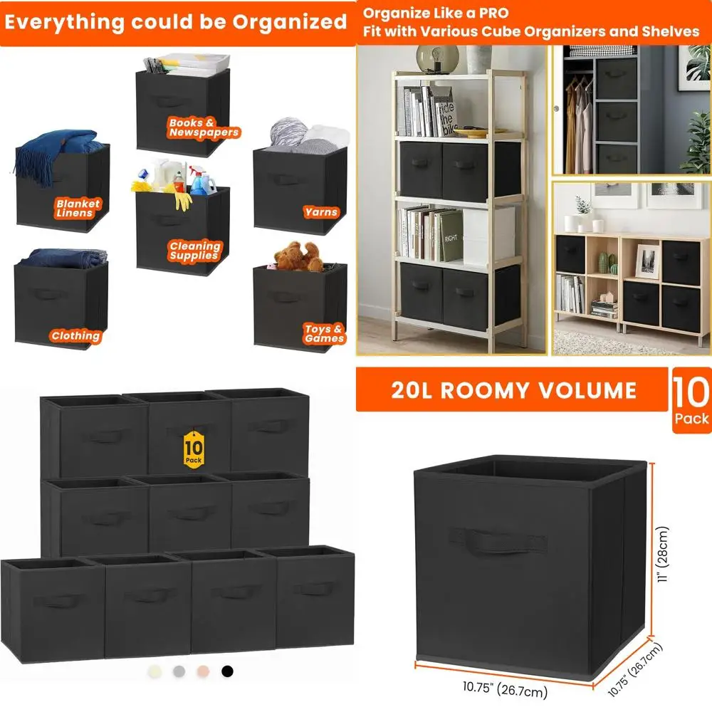 

Storage Cubes, 11 Inch Clothes Storage Bins for Shelves Closet (10 Pack), Fabric Collapsible Storage Bins with Dual Handles, Cub