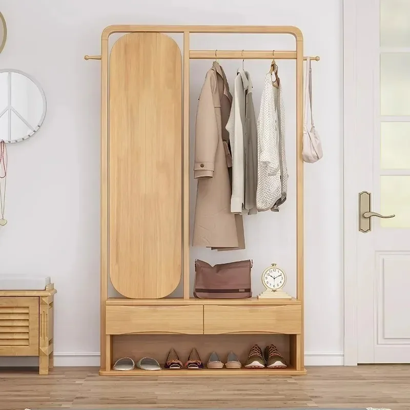 رف معطف من الخشب الصلب الاسكندنافي، مرآة مناسبة مع خزانة أحذية، شماعة غرفة النوم، رف بسيط، غرفة المعيشة المنزلية
