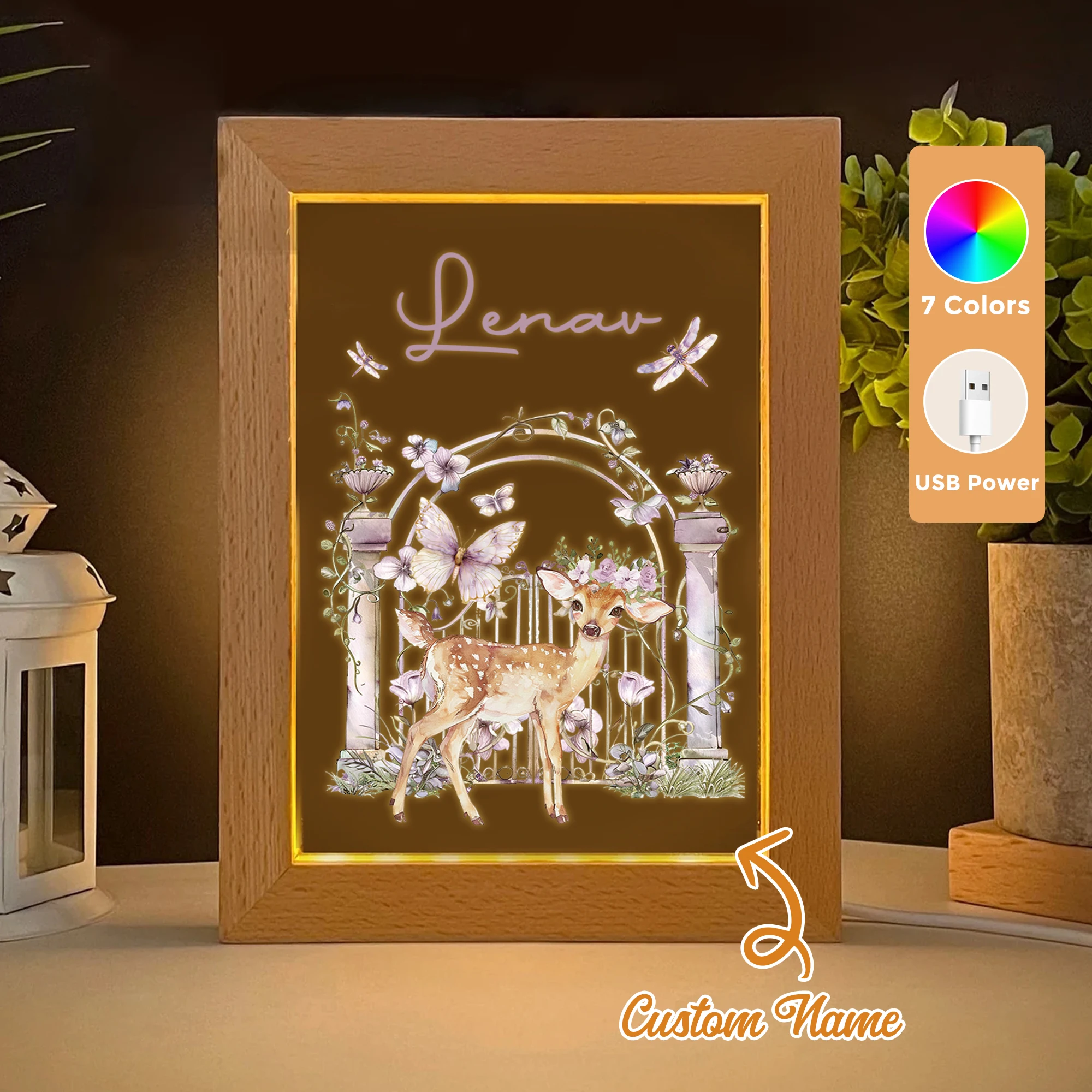 

2D Flat Custom Name Animal Sika Deer LED Acrylic Night Light Wood Photo Frame 21x17cm Cartoon Children Bedroom Gifts Home Decor