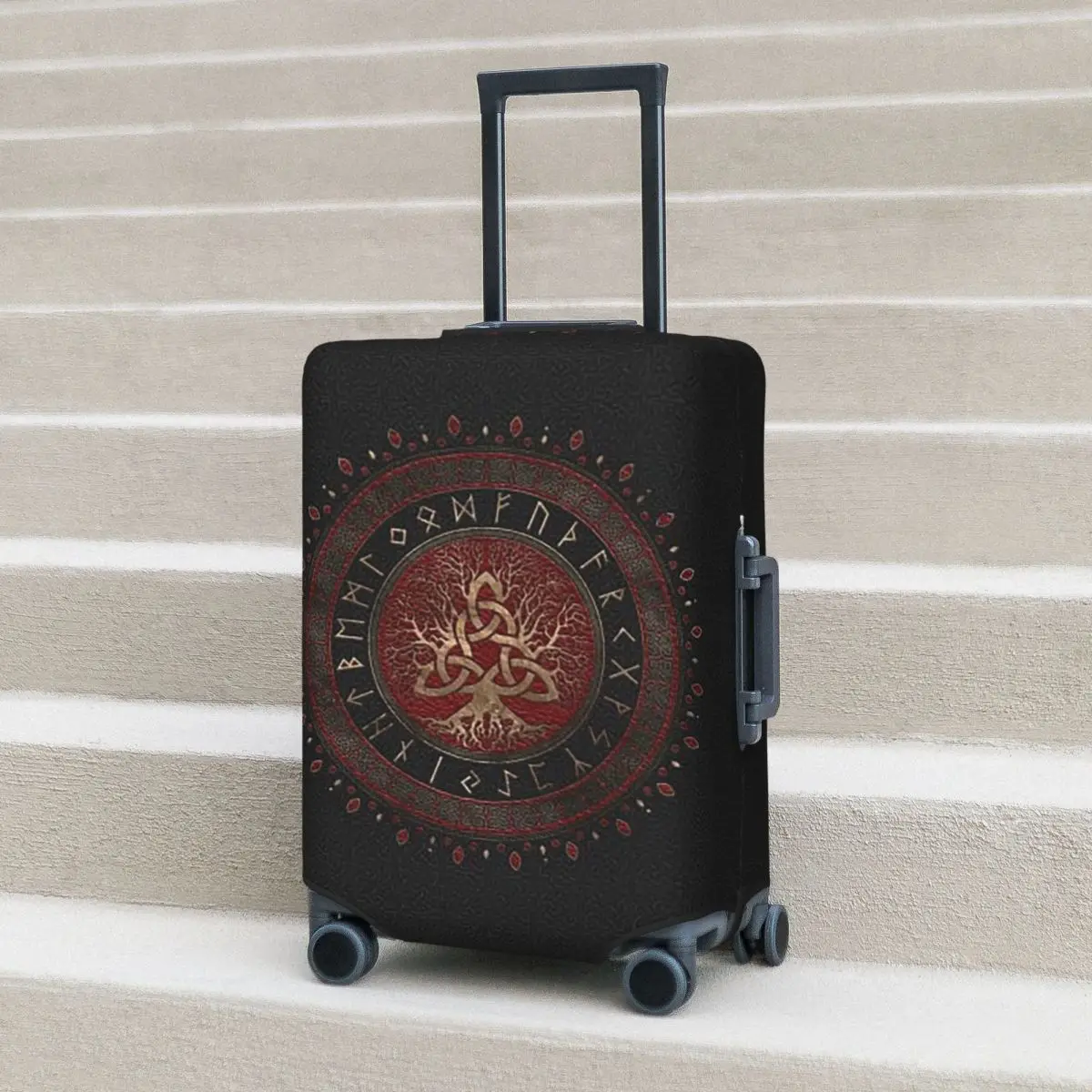

Tree Of Life With Triquetra Black Red Leather And Gold Suitcase Cover Protection Elastic Travel Luggage Protector Covers