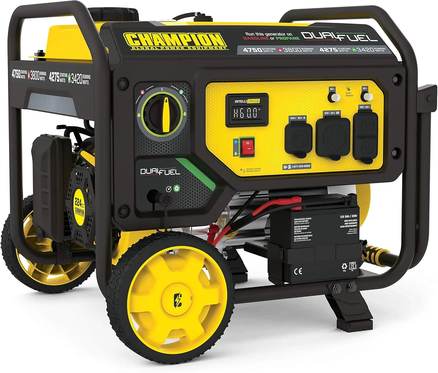 4750 Watt Dual Fuel Portable Generator with Electric Start Wheel Kit Keep track of voltage hertz and run time hours