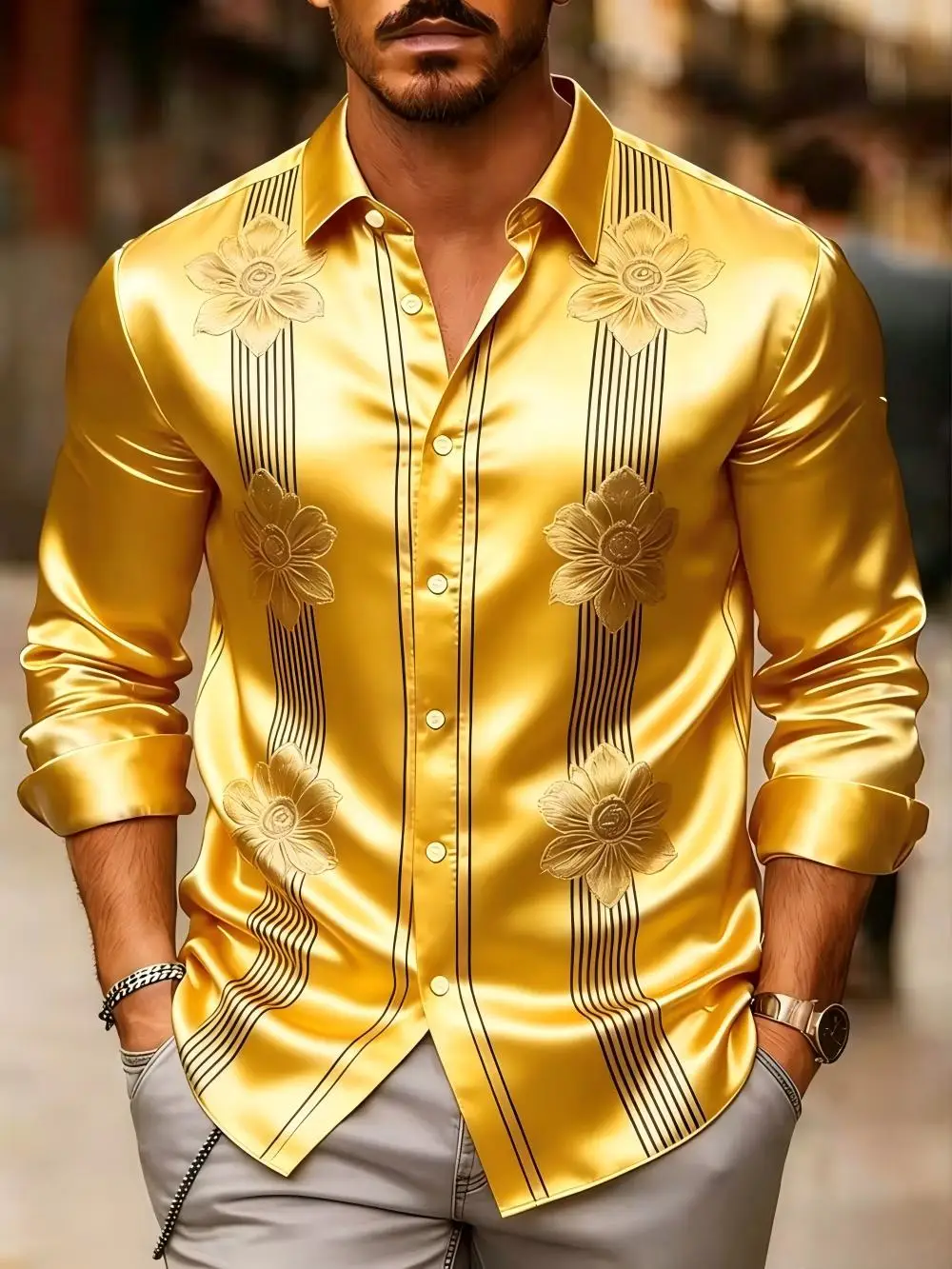 Men's satin printed shirt with fashionable patterns and luxurious style.
