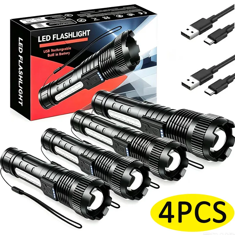 4Pack Ultra Bright Multifunctional LED Flashlight Rechargeable Zoom Camping Torch Light - Adjustable Focus Suitable for Hiking
