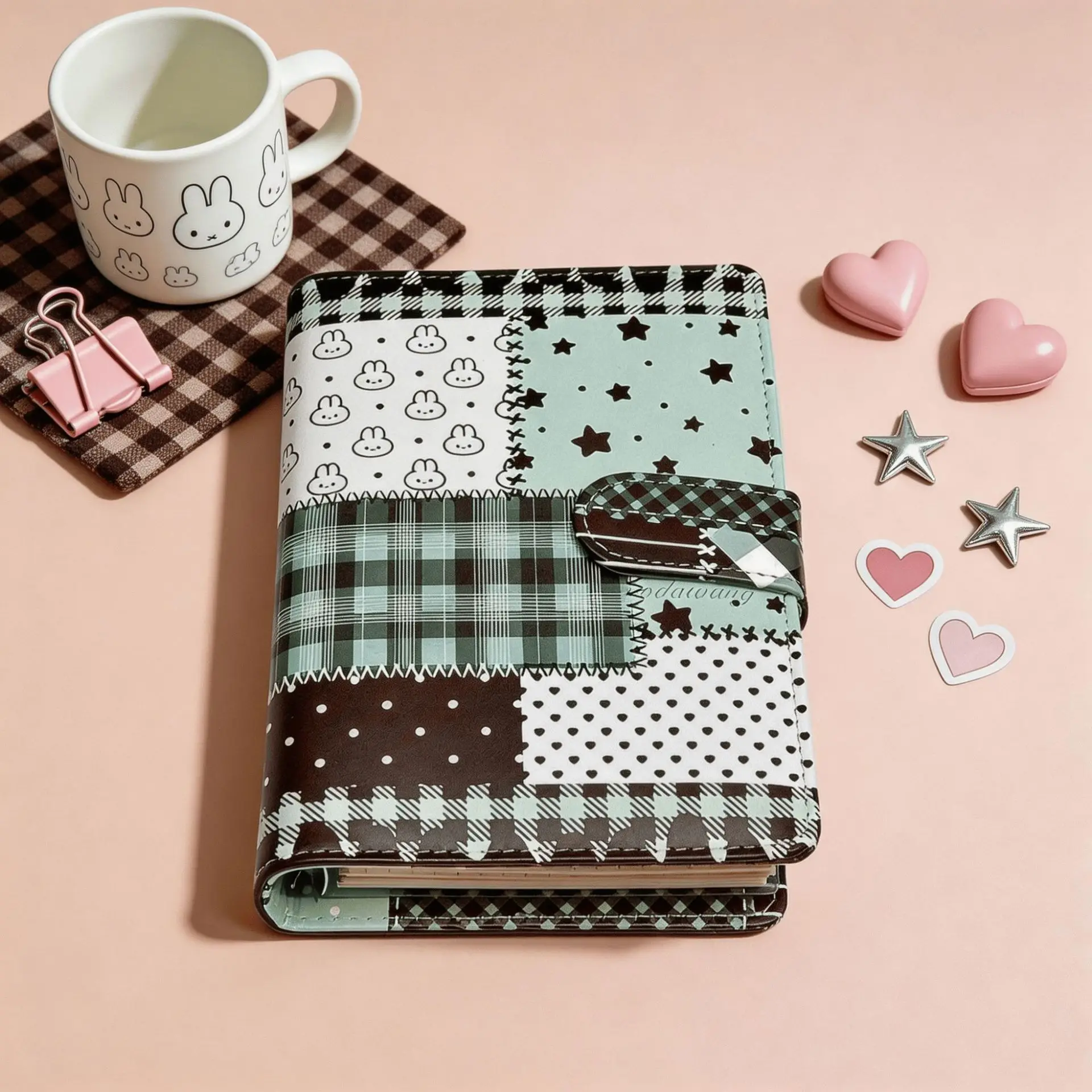 A6 Green Spliced Grid Notebook Loose Leaf Notebook PU Student Portable DIY Photocards Collect Book Diary Planner Stationery